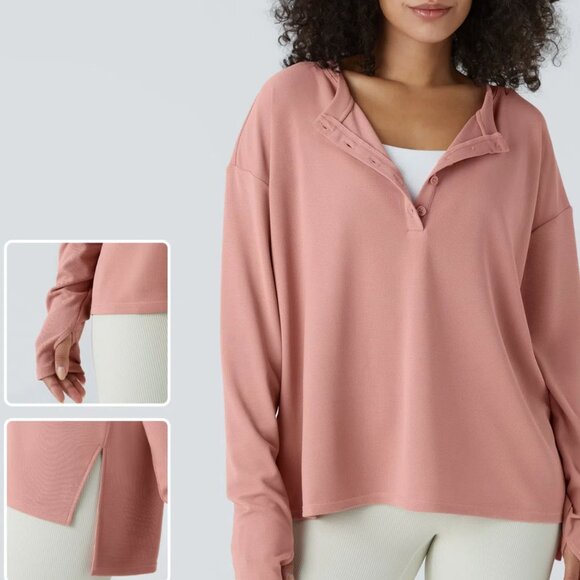 NWT Halara Front Thumb Hole Waffle Casual Sweatshirt Henley Size M Rose Tan - Picture 1 of 8